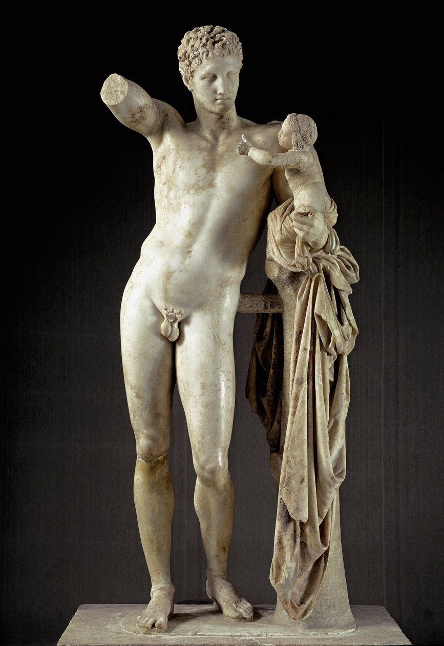 Gresk kunst: Hermes og Dionysos barn - Marmorskulptur av Praxitele (4. århundre f.Kr.) fra tempelet til Hera i Olympia, 330 f.Kr., Dim. 213 cm - Olympia, arkeologisk museum - Hermes som bærer Dionius - Marmorskulptur (H. 213 cm), av Praxitele (ca. 400-326) av Praxiteles