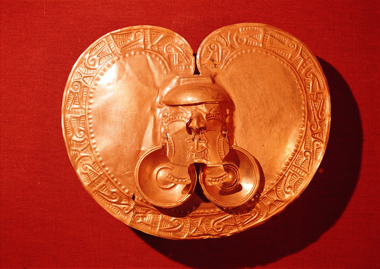 Pectoral med et menneskelig ansikt, fra Campohermosa, Tolima, tidlig Calima-stil, 6.-5. århundre f.Kr. (gull) av Pre Columbian
