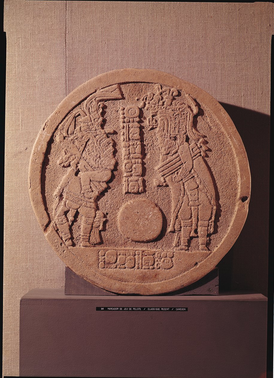 Pelotemarkør som viser to spillere, Mayan, fra Guatemala, 600-950 av Pre Columbian