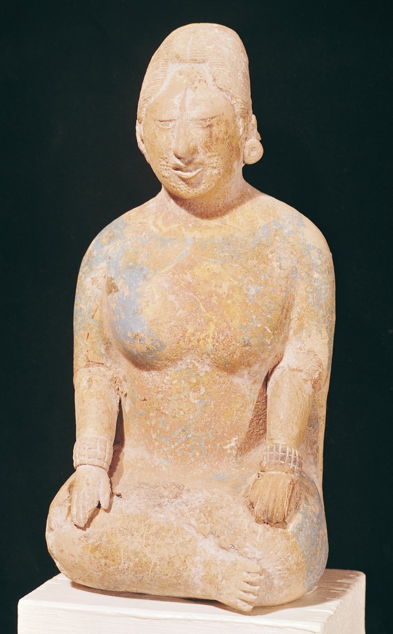 Statue av en sittende kvinne, fra kirkegården på Isle of Jaina, Campeche State, 700-1000-tallet (polykrom stein) av Pre Columbian