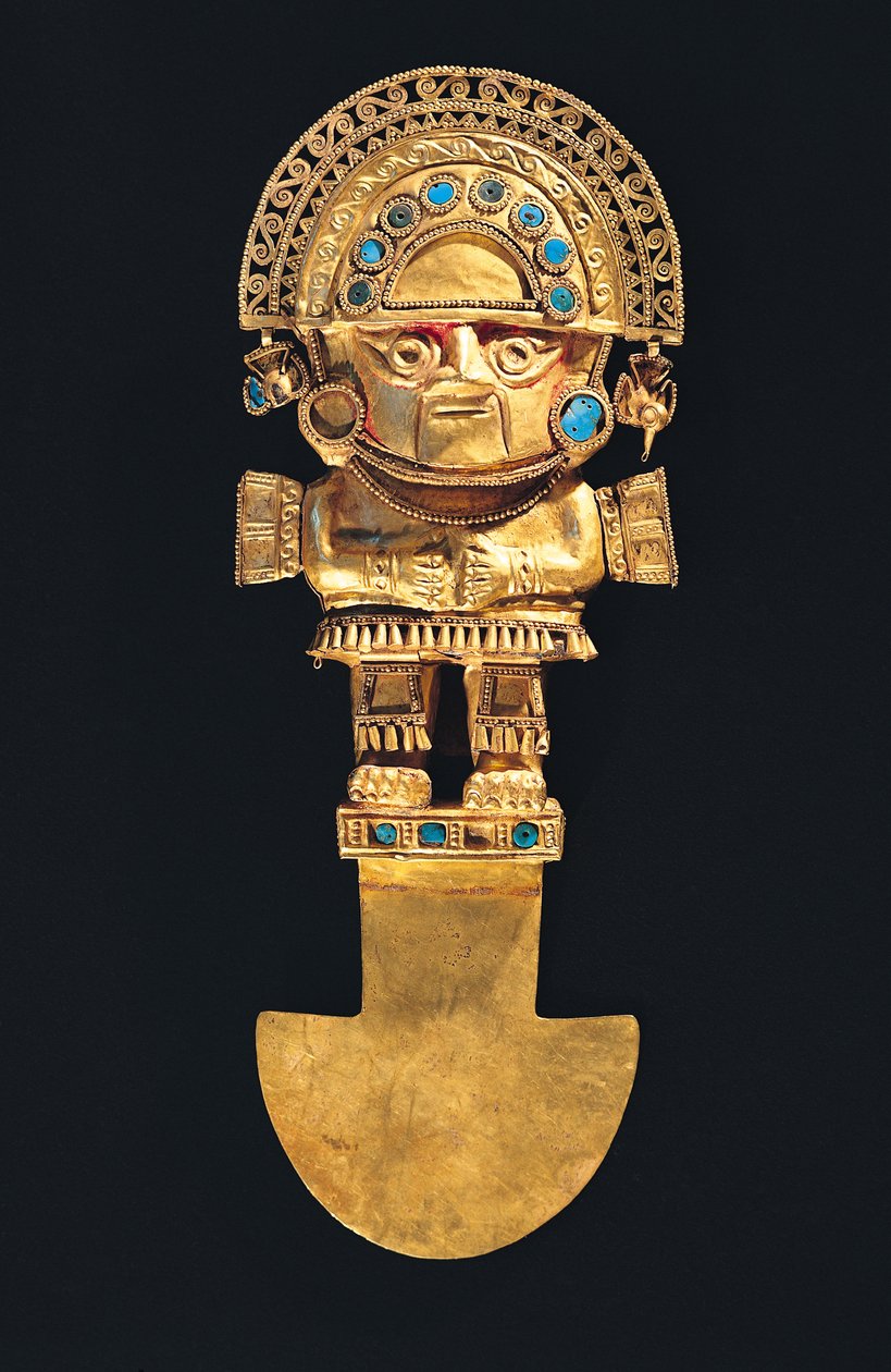 Tumi eller seremoniell kniv i form av Naylamp, Chimu (gull og halvedelstener) av Pre Columbian