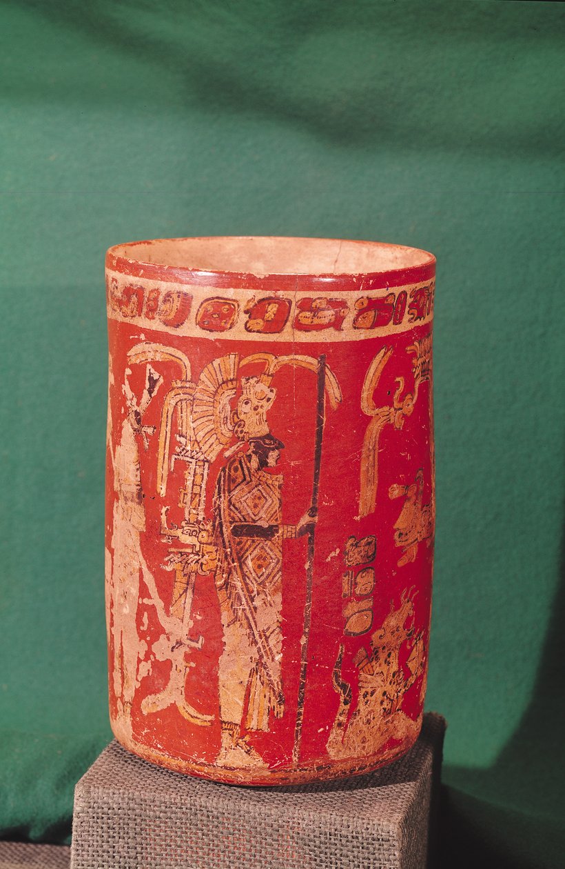 Vase som viser en seremoniell scene, Tepeu 1 Periode, fra Uaxuctun, 600-950 (polykrom stein) (se også 201516) av Pre Columbian