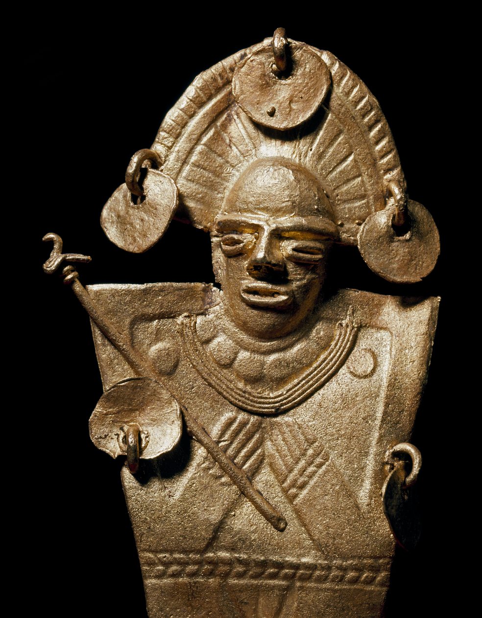 Precolombiansk kunst, Muisca-sivilisasjonen: statuett av kvinne (Tunjo) i seremoniell gulldrakt. 15.-17. århundre. Bogota, Museo de Oro, Colombia - Førkolumbiansk kunst, Muisca-kultur (15.–17. e.Kr.): gullstatue av en tunjo, en kvinne iført en seremoniell  av Pre Columbian