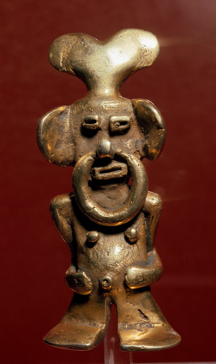 Precolombiansk kunst, Quimbaya-sivilisasjonen (Colombia): antropomorf gullstatuett som viser en mann med en ring i nesen. 400-1400 e.Kr. Bogota, gullmuseum, Colombia av Pre Columbian Pre Columbian