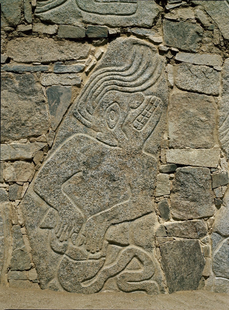 Vegg med relieff av en kriger av Pre Columbian Pre Columbian