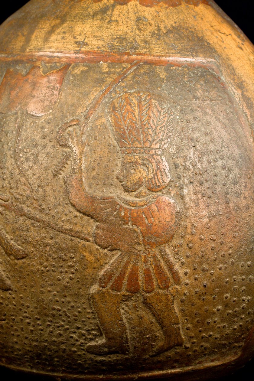 Flaske som viser en kamp mellom en rytter og en kriger til fots (terrakotta) av Precolombian Precolombian