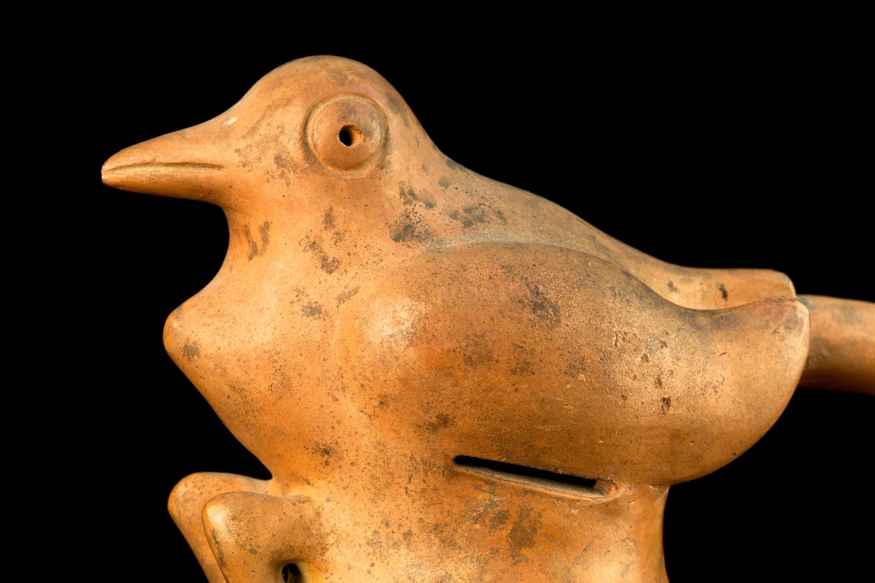 Keramikk med brohåndtak og fugledesign / Prekolumbiansk kunst (terrakotta) av Precolombian Precolombian