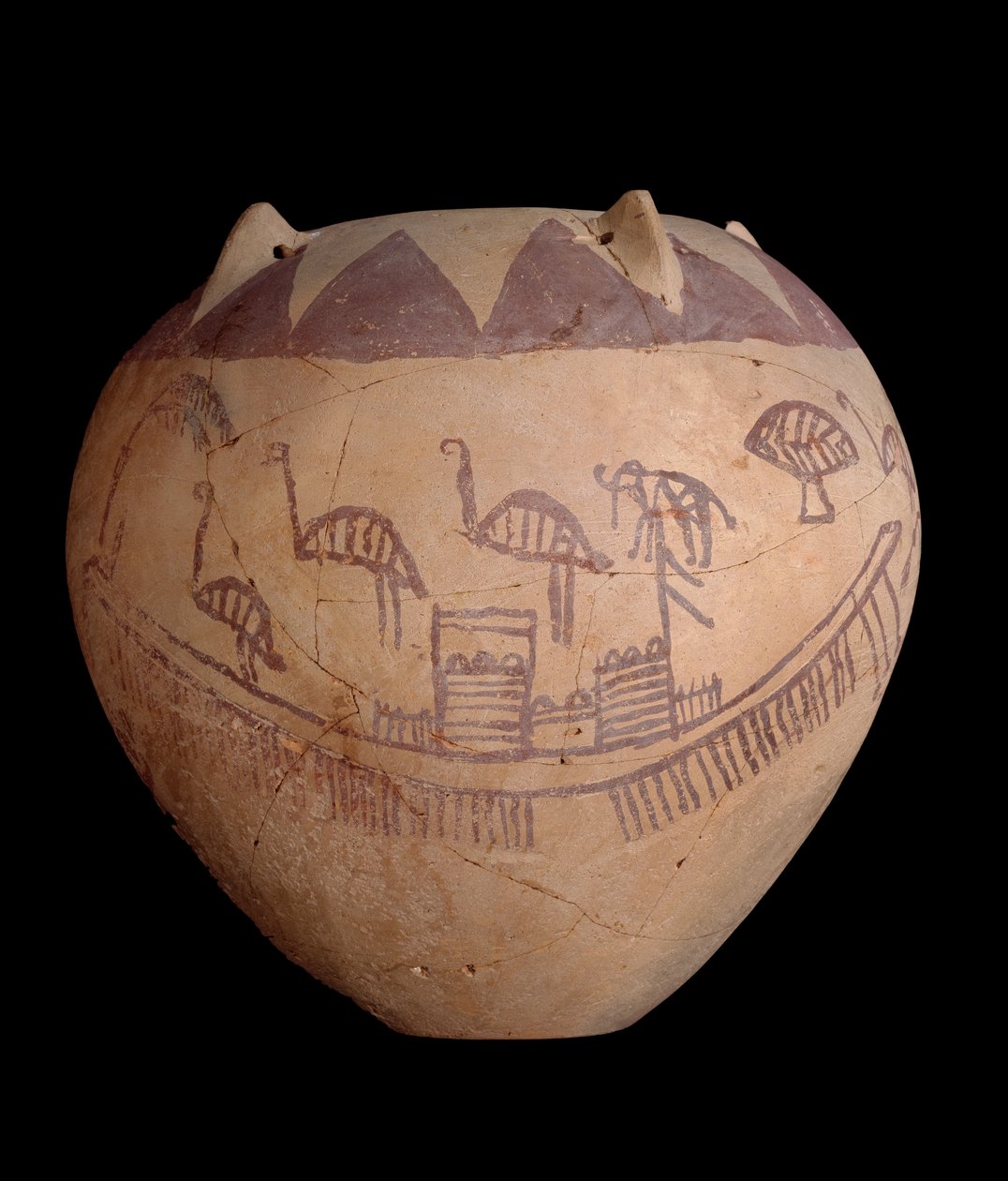 Brent leirkrukke med malt dekor, inkludert båter og dyr, ca. 3400-3300 f.Kr. (leire) av Predynastic Period Egyptian