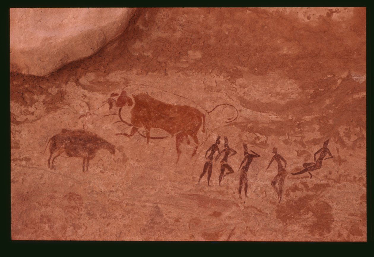 Kuer og menneskelige figurer (fjellmaleri) av Prehistoric