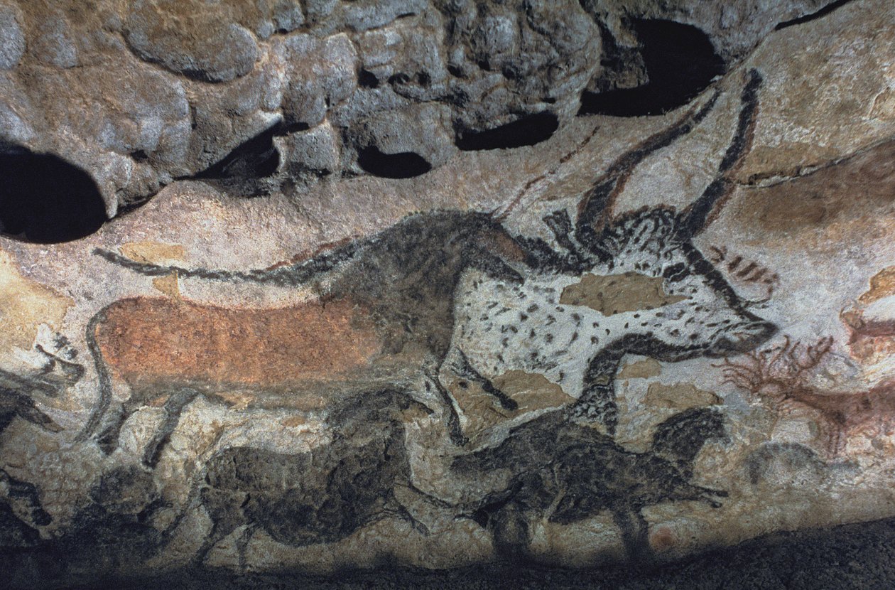 Bergmaleri av en okse og hester, ca. 17000 f.Kr. (hulemaleri) av Prehistoric