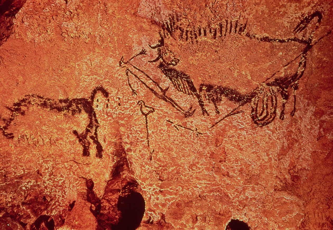 Bergmaleri av en jaktscene, ca. 17000 f.Kr. (hulemaleri) av Prehistoric