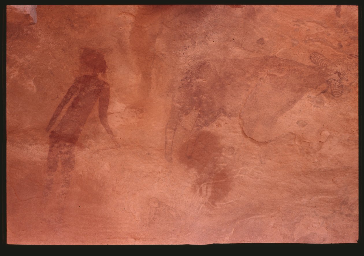 Menneskelig figur og en okse (fjellmaleri) av Prehistoric