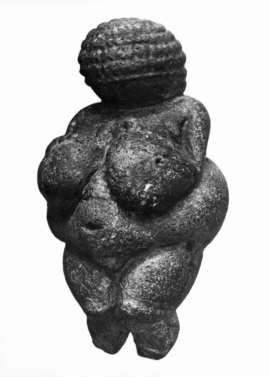 The Venus of Willendorf, sidevisning av kvinnelig figur, gravettian kultur, øvre paleolittisk periode, ca. 30000-18000 f.Kr. (oolittisk kalkstein farget med rød oker) av Prehistoric