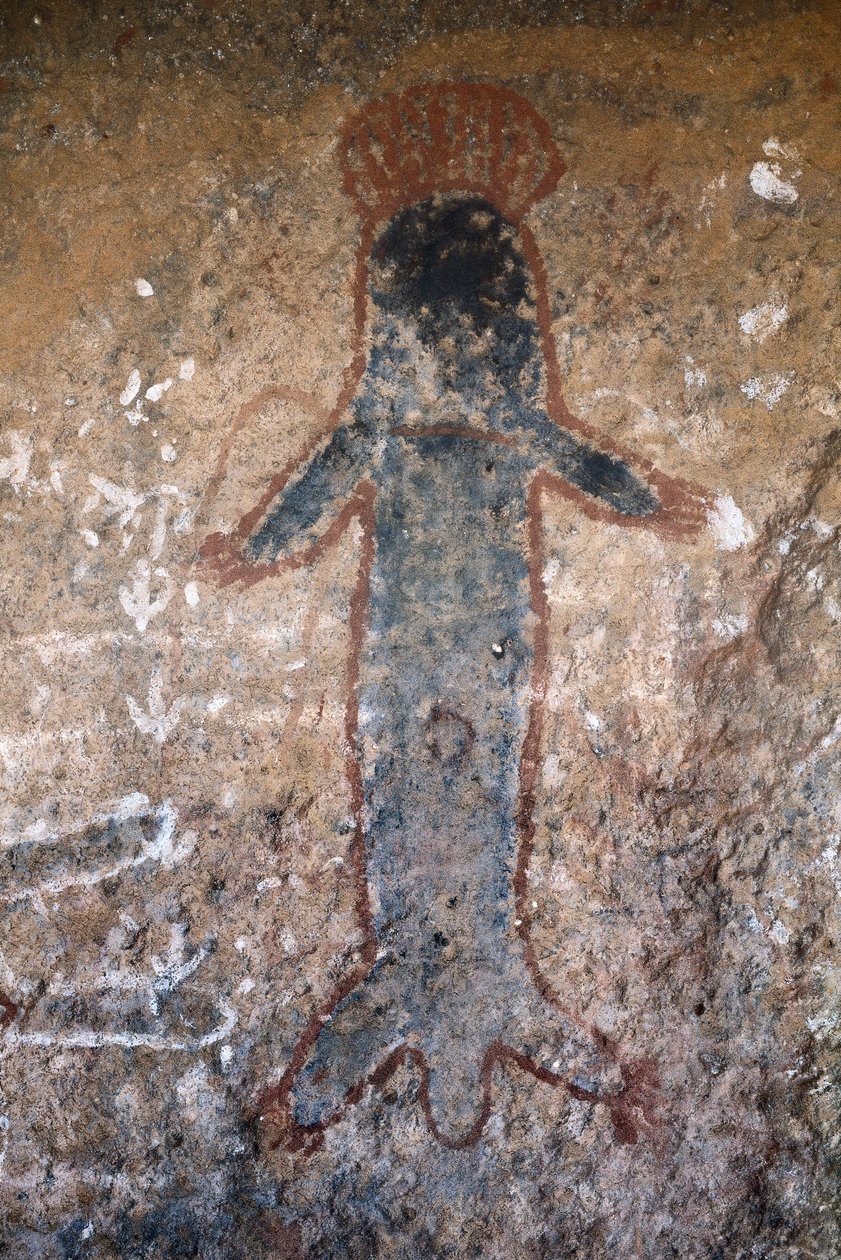 Aboriginal bergmaleri, kvinnefigur (tiliqua?), i Uluru (eller Ayers Rock), i Northern Territory, i det sentrale Australia (maleri) av Prehistoric Prehistoric