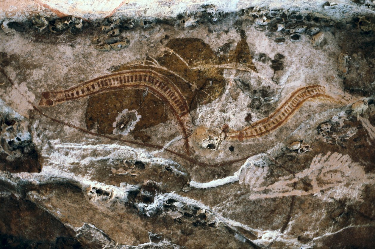 Aboriginalt bergmaleri, stedet for Ubirr-hulene, Kakadu nasjonalpark, Australia (maleri) av Prehistoric Prehistoric