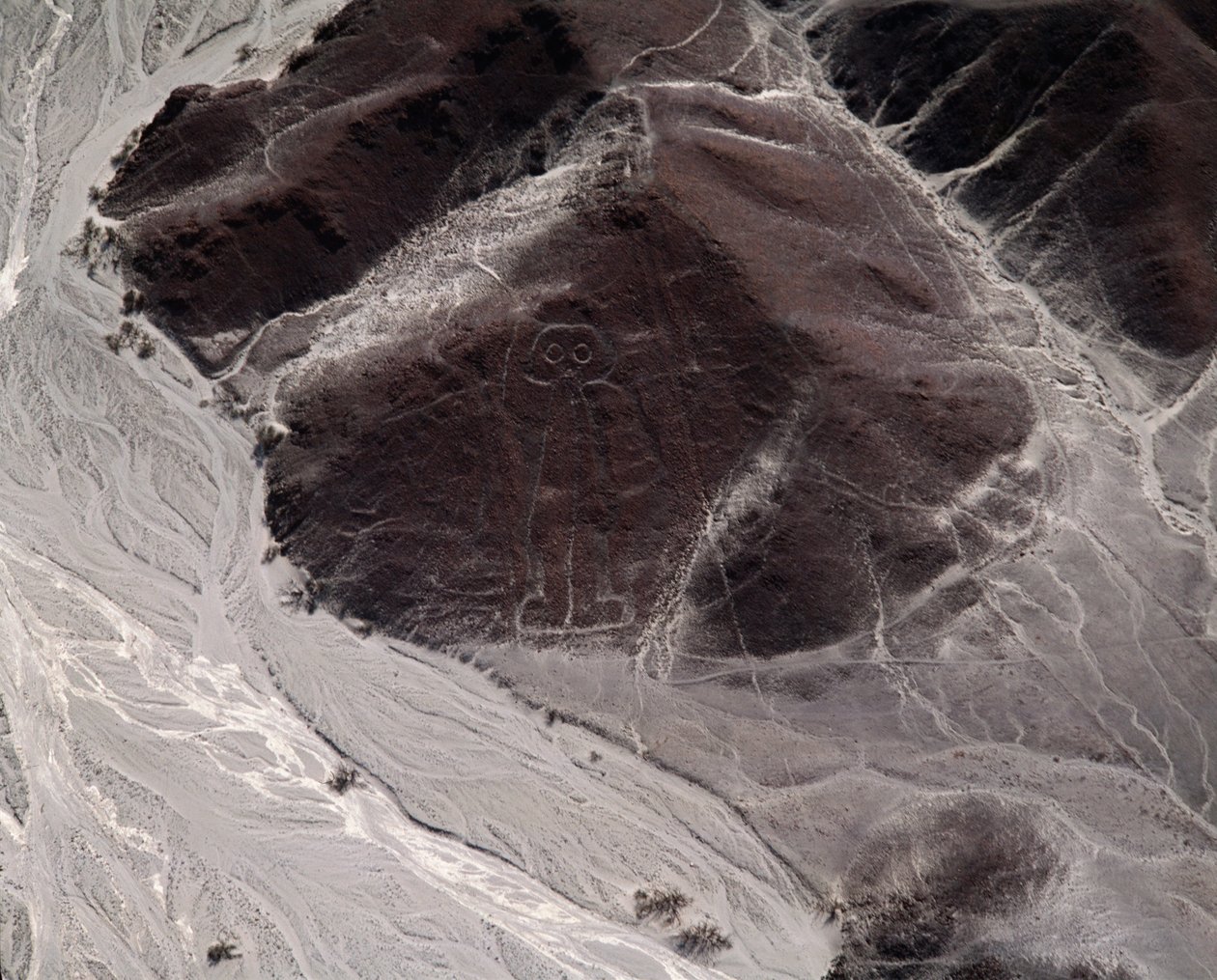 Luftfoto av Nazca-linjer som representerer en menneskelig figur (fotografi av Prehistoric Prehistoric