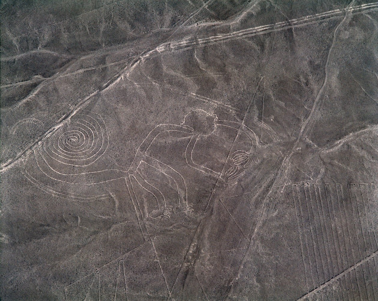Luftfoto av en apefigur, Nazca Lines (fotografi av Prehistoric Prehistoric