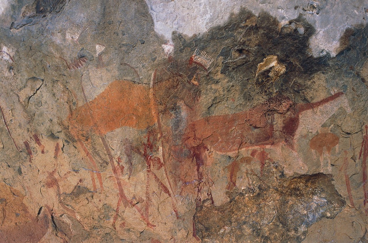 Menneske- og dyrefigurer, bushmener eller hulemalerier, Maloti-Drakensberg Park (Unescos verdensarvliste, 2000), Lesotho av Prehistoric Prehistoric