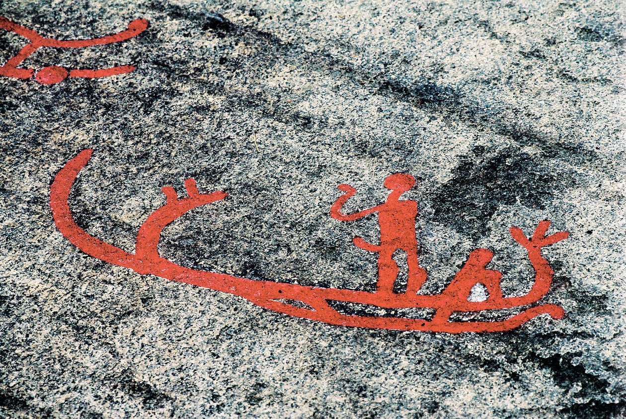 Helleristninger fra Tanoum som representerer en mann på en båt, Rock of Litsleby, Sverige (gravert stein) av Prehistoric Prehistoric