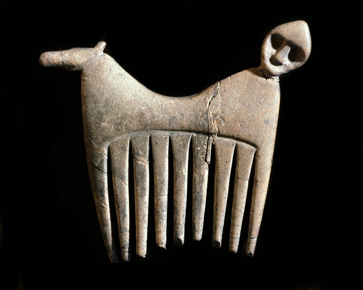 Forhistorie: beinkam med hode av mann og hest fra øya Gotland. Steinalder. Svenska Riksantikvariemuseet, Stockholm, Sverige av Prehistoric Prehistoric