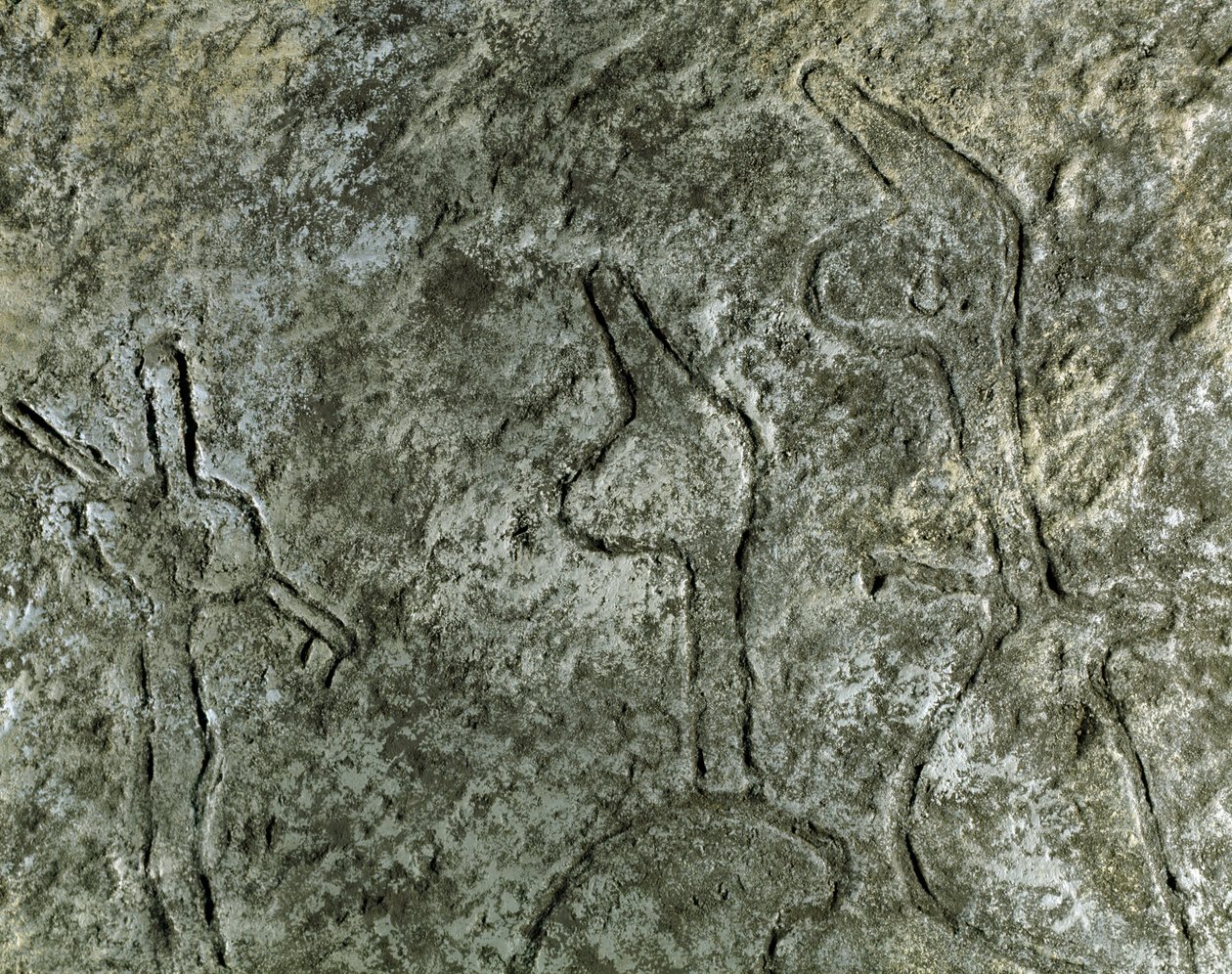 Forhistorie, bergkunst: helleristning (graffiti på stein) av en representasjon av en jaktscene. neolitikum, steinalder. (Aserbajdsjan) Bronsealder. Baku, Aserbajdsjan statlige religionshistoriske museum av Prehistoric Prehistoric