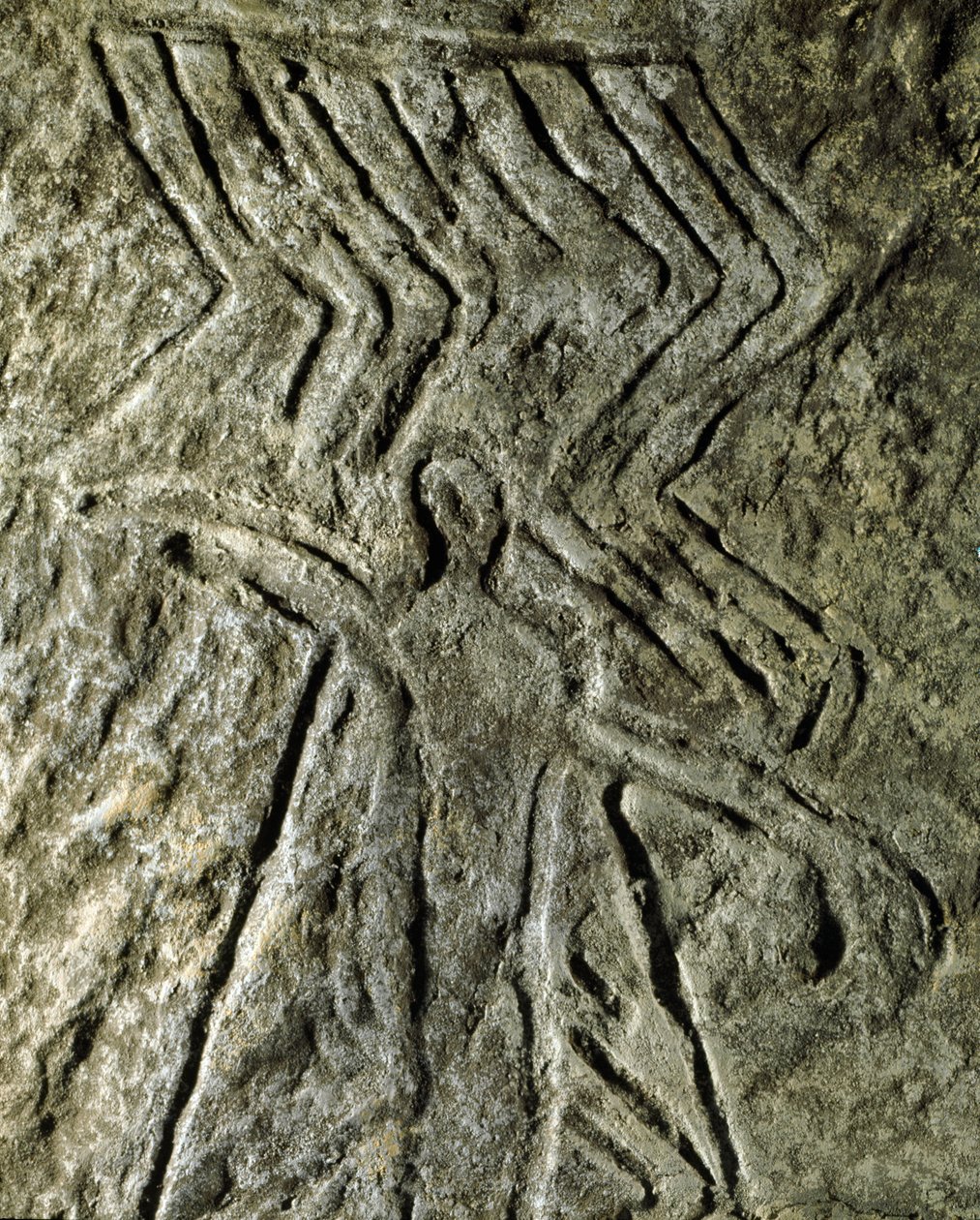 Forhistorie, bergkunst: helleristning (graffiti på stein) av en representasjon av en menneskelig figur. neolitikum, steinalder. (Aserbajdsjan) Bronsealder. Baku, Aserbajdsjan statlige religionshistoriske museum av Prehistoric Prehistoric