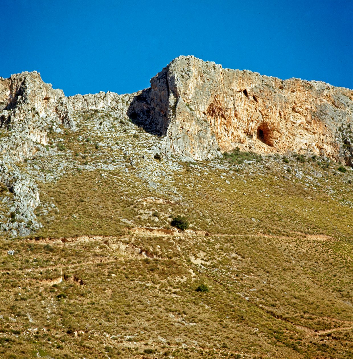 Forhistorie: Kreta Monte Palmeto med en hule fra paleolittisk periode. Monte Palmeto, Palermo (Palermo), Italia av Prehistoric Prehistoric
