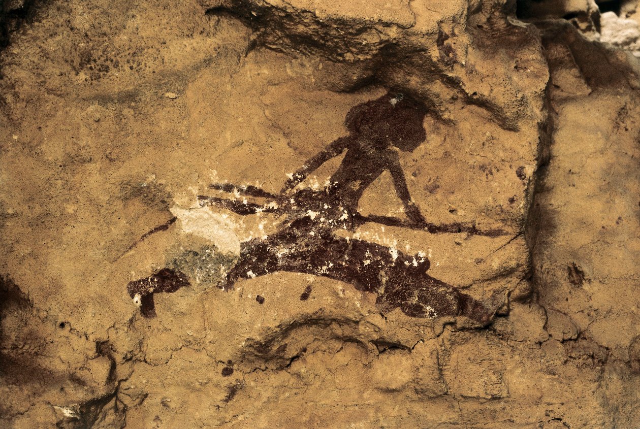 Bergkunst: kvinnejeger. Forhistorie, øvre paleolitikum. Tio Garroso-hulen, Spania. av Prehistoric Prehistoric