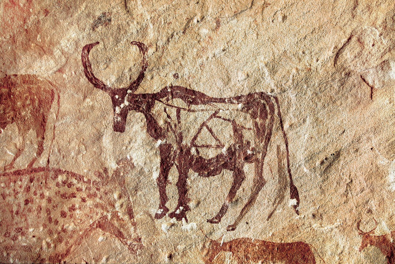 Bergmaleri: representasjon av en hjortevilt. Cave of Tadrart Acacus Libya av Prehistoric Prehistoric