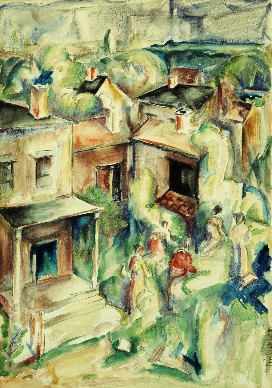 Landsby, ca. 1929 (akvarell og blyant på papir lagt ned om bord) av William Preston Dickinson
