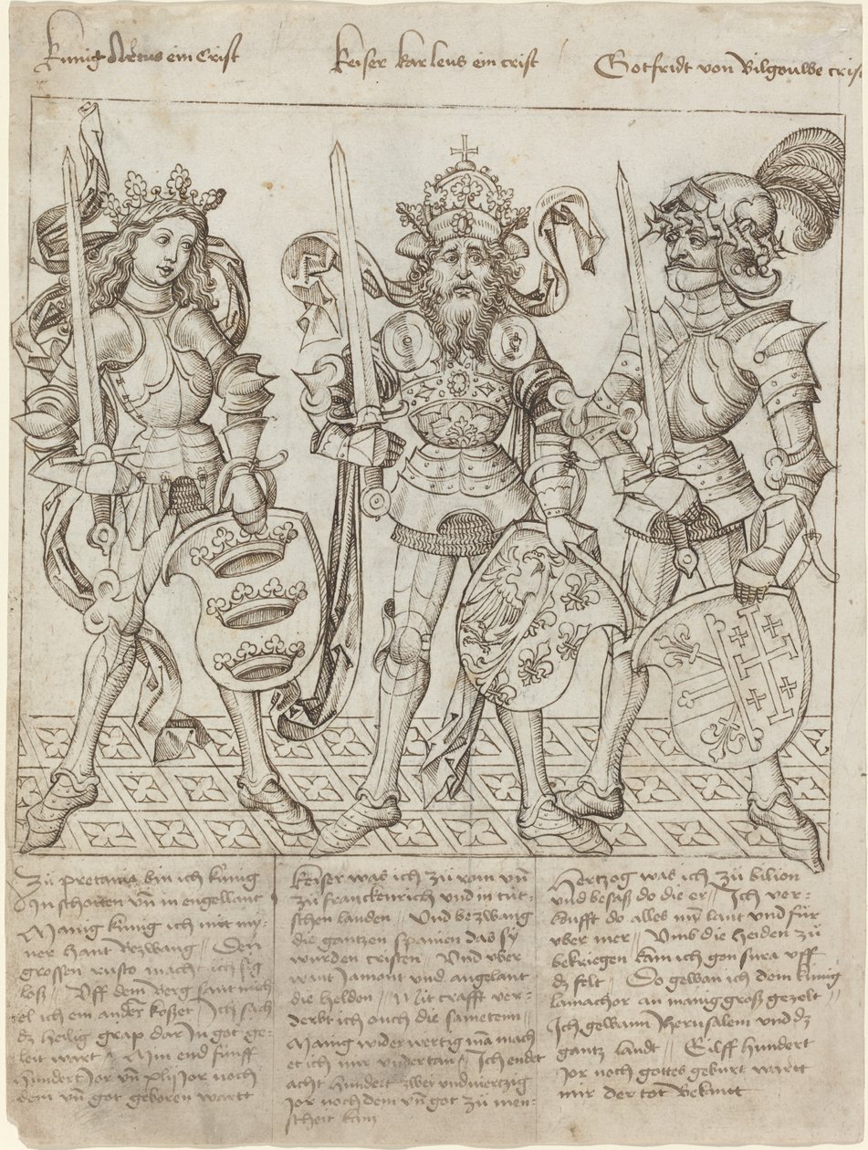 Kong Arthur, Charlemagne og Godfrey av Boulogne av Primary Master of the Strassburg Chronicle