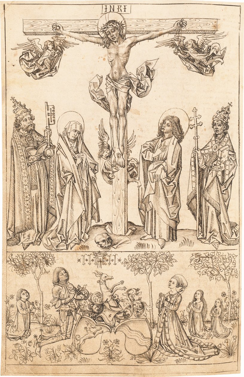 Korsfestelsen med jomfruen og de hellige og familien Hungerstein av Primary Master of the Strassburg Chronicle