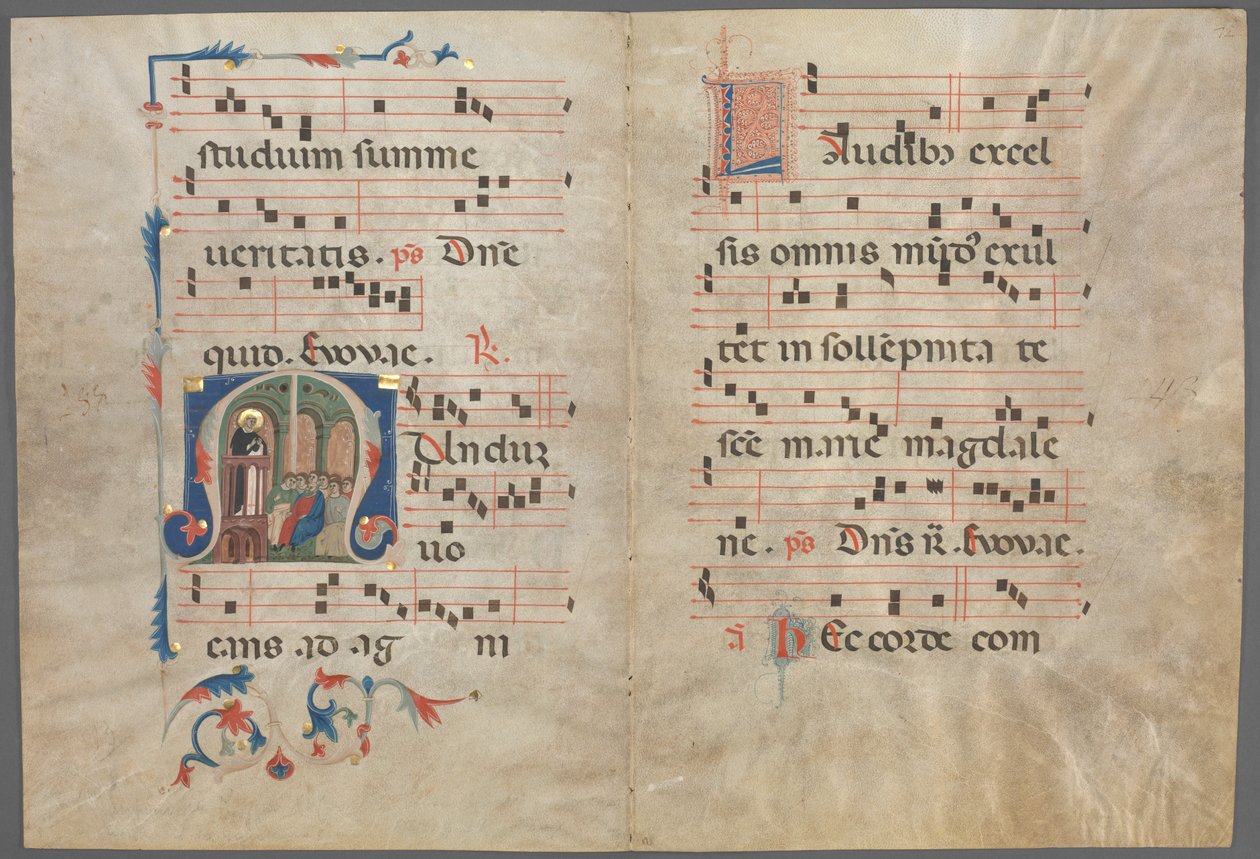 Bifolium from an Antiphonary: Initial M with Saint Dominic Preaching, ca. 1320-1340. av Primo Miniatore di San Domenico