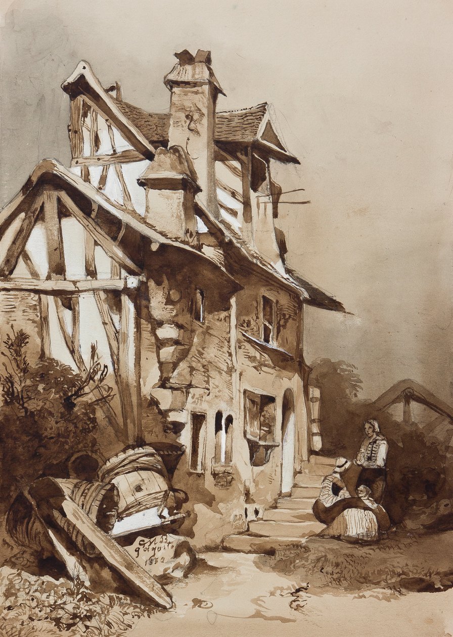 En pittoresk nordfransk hytte, med tillegg av en instruktør, blyant fra 1854, sepiavasker og gouache på papir av Prince Gaetano Maria Federico di Borbone