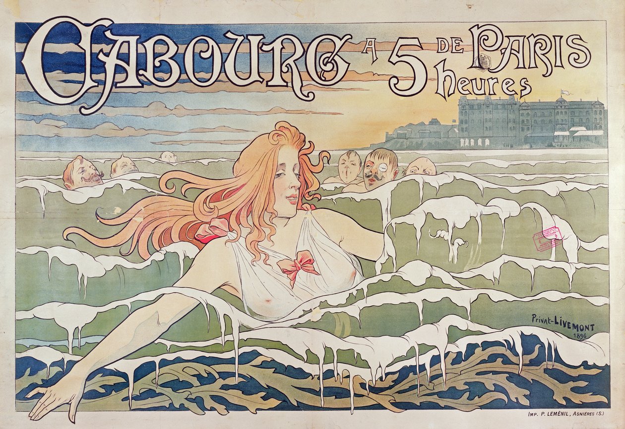 Plakat laget for de franske jernbanene, som annonserer om det er enkelt å nå Cabourg på Normandiekysten fra Paris, 1896 av Privat Livemont
