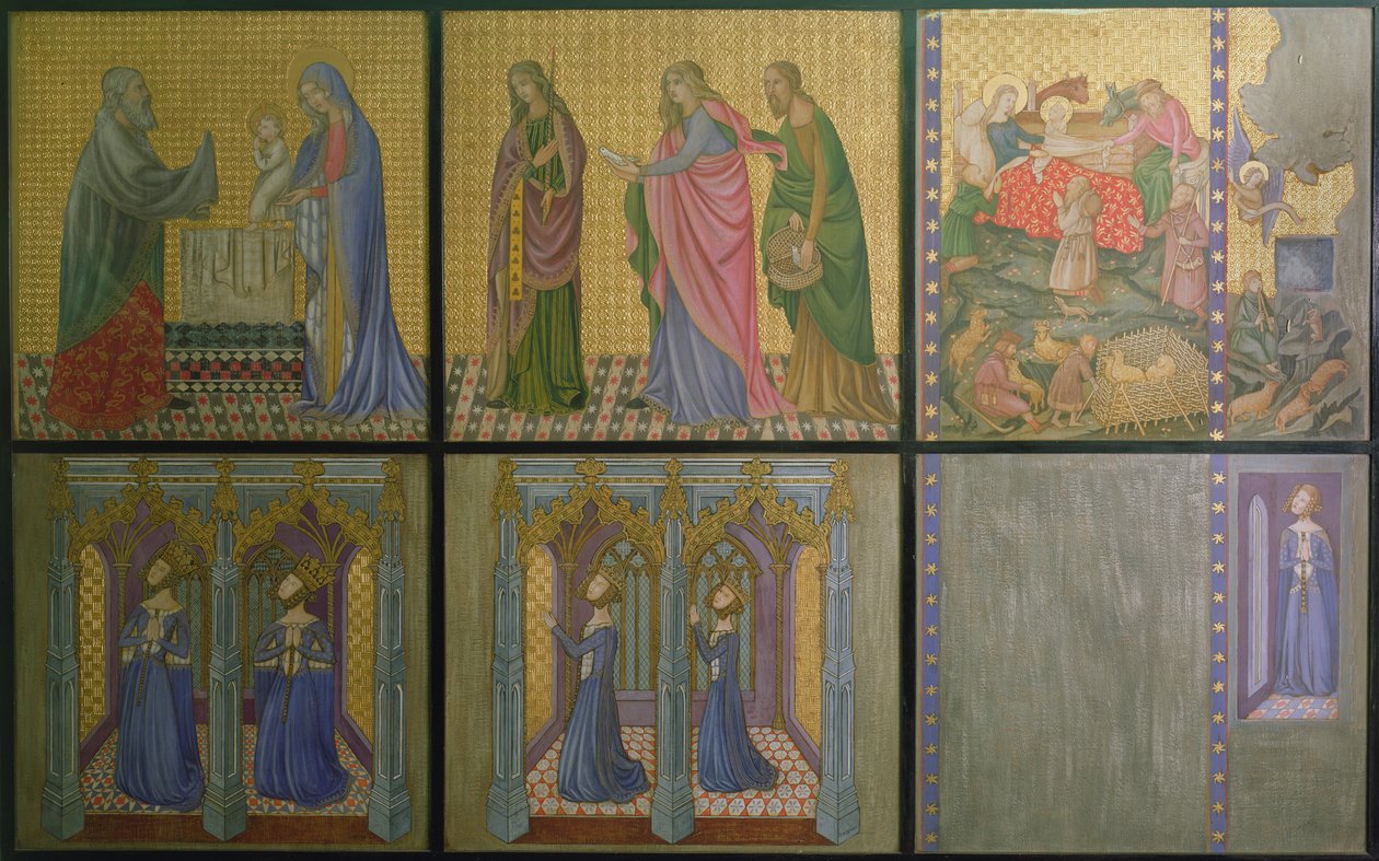 Rekonstruksjon av en vegg et maleri opprinnelig i St. Stefans kapell, som viser dronning Philippa (ca. 1314-69) og hennes døtre av Professor Ernest Tristram