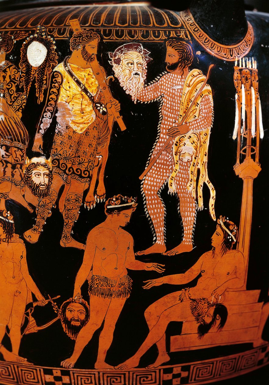 Vase av Pronomos, krater med røde figurer. Detalj som skildrer Hercules (Heracles), forberedelsene til et satyrisk drama i nærvær av Dionysus og Ariane, karakterene holder teatermasker. 400 f.Kr. Napoli, Museo Archeologico Nazionale av Promonos Painter