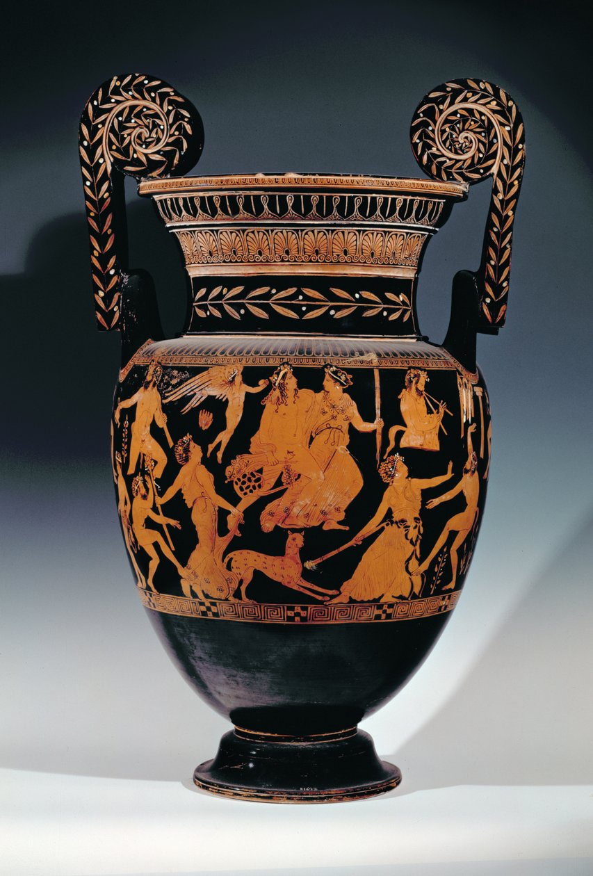 Loftsvoluttkrater med rød figur, dekorert med en scene med skuespillere og musikere som forbereder seg til en forestilling, gresk, fra Ruvo, 5. århundre f.Kr. (keramikk) (se også 119444, 119446-7) av Pronomos Painter