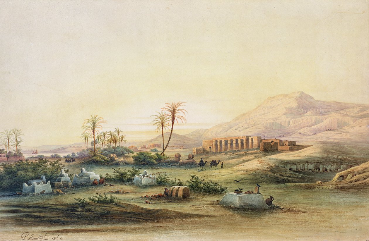 Nilens dal med ruinene av tempelet til Seti I, 1844 (blyant og wc på papir) av Prosper Georges Antoine Marilhat