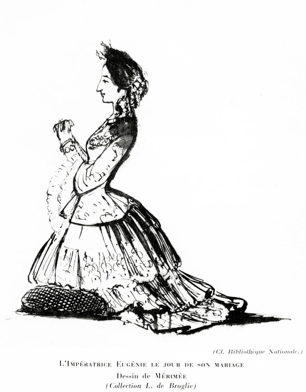 Portrett av keiserinne Eugénie på dagen for hennes ekteskap, 30. januar 1853 (fargestift på papir) av Prosper Merimee