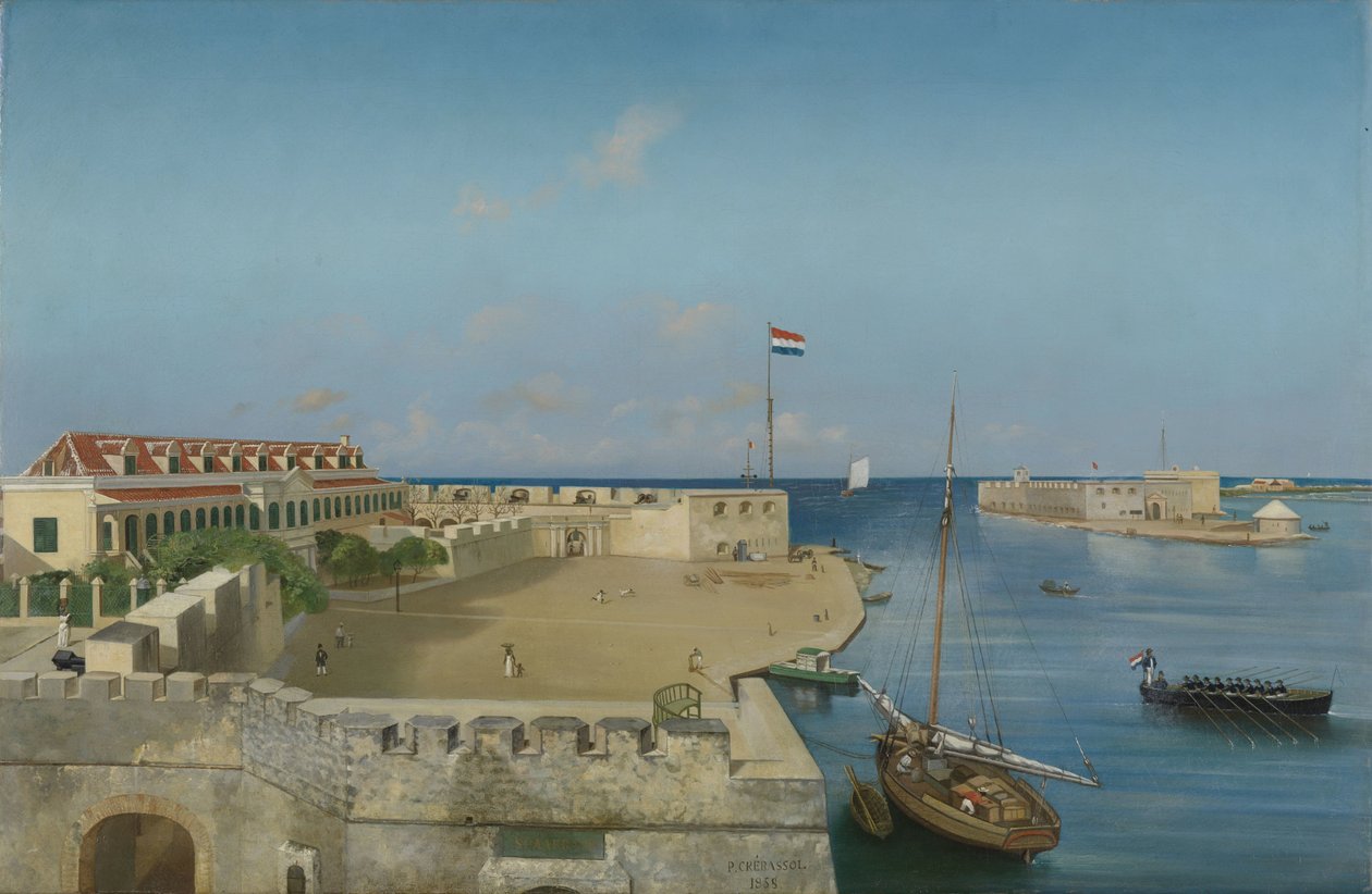 Havneinnløpet til Willemstad med regjeringspalasset av Prosper Crébassol (signed by artist)
