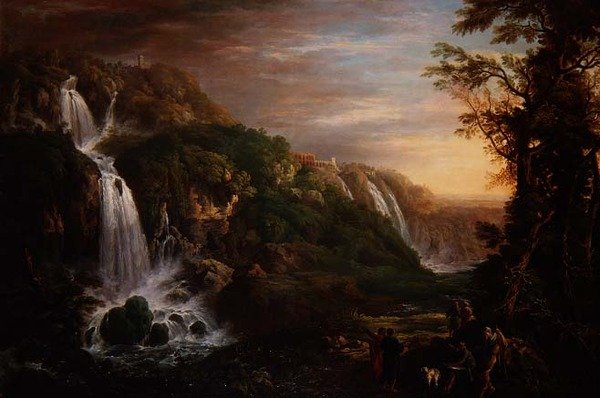 Den store kaskaden i Tivoli med Villa of Maecenas og kunstner inspirert av en filosof av Prosper Francois Irenee Barrigues