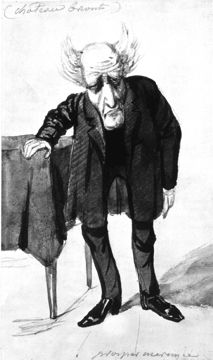 Francois Rene fransk forfatter, viscount of Chateaubriand (1768-1848) fransk forfatter, tegneserie av Prosper Merimee (gravering) av Prosper Merimee