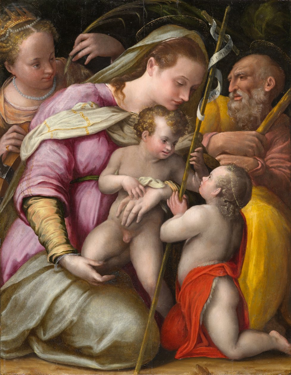 Hellig familie med St. Katarina av Alexandria og spedbarnet St. Johannes døperen, ca. 1551-1556 (olje på poppelpanel) av Prospero Fontana