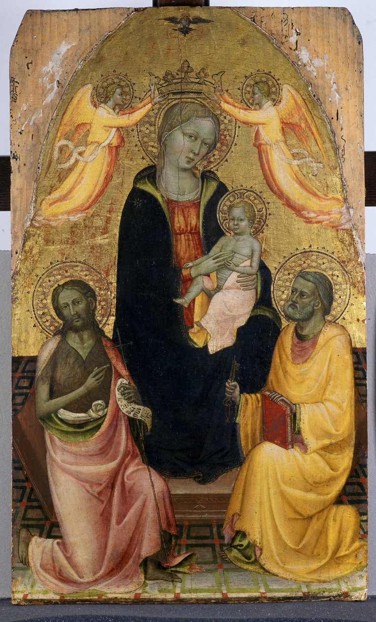 Madonna og barn på tronen blir kronet av to engler, døperen Johannes og apostelen Peter, ca. 1410-20 (tempera på poppeltre) av Pseudo Baldese Pseudo Baldese