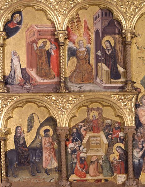 Polyptych of the Dormition of the Jomfru, detalj av St. Gregory the Great (540-604) Ber om utfrielse av Trajans sjel (53-117) fra skjærsilden, kunngjøringen, flukten til Egypt og Jesus med legene ( tempera på panel) av Pseudo Jacopino di Francesco