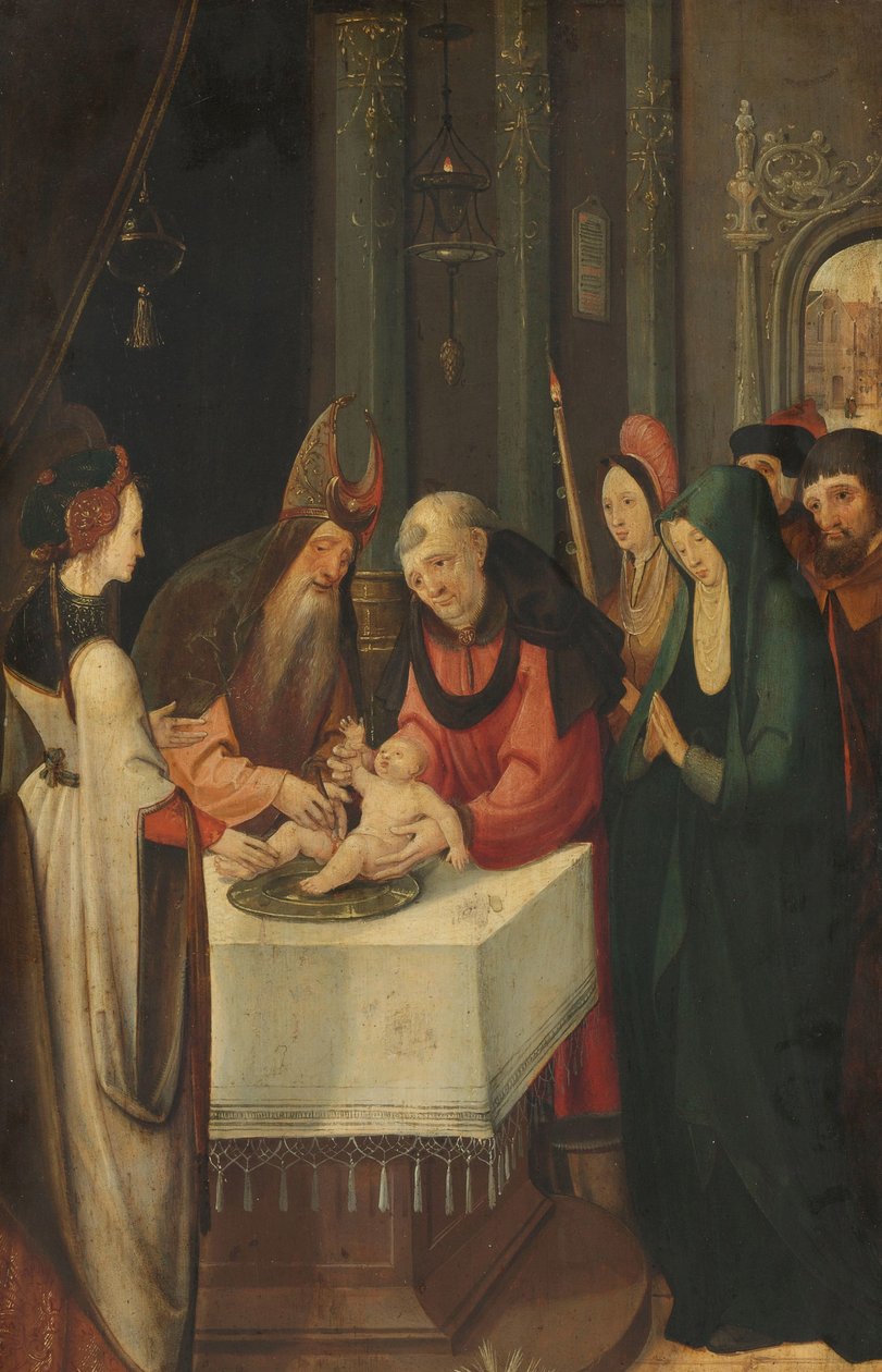Omskjæring av Kristus, venstre fløy av en altertavle, på verso er jomfruen fra en bebudelsesscene av Pseudo Jan Wellens de Cock (attributed to)