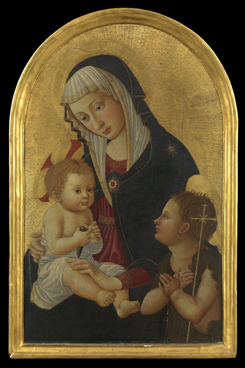 Jomfru og barn med en gullfink og spedbarnet Saint John, etter 1460 (tempera på panel) av Pseudo Pier Francesco Fiorentino