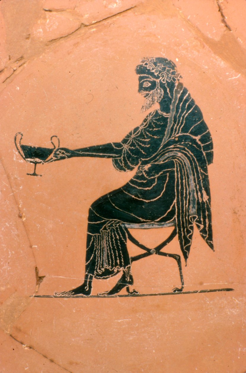 Detalj av Dionysos sittende, gresk plate, malt av Psiax, c520 f.Kr. av Psiax