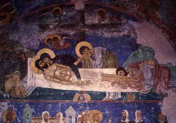 De sørgende ved korset, fra katedralen til Frelserens forvandling, tidlig på 1100-tallet (fresco) av Pskov School